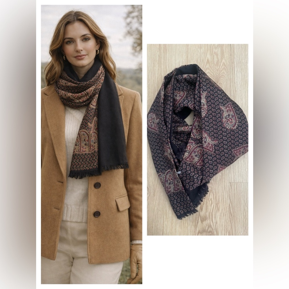 Tristan Italy Silk Wool Reversible Paisley Scarf Black Red Classic Heritage